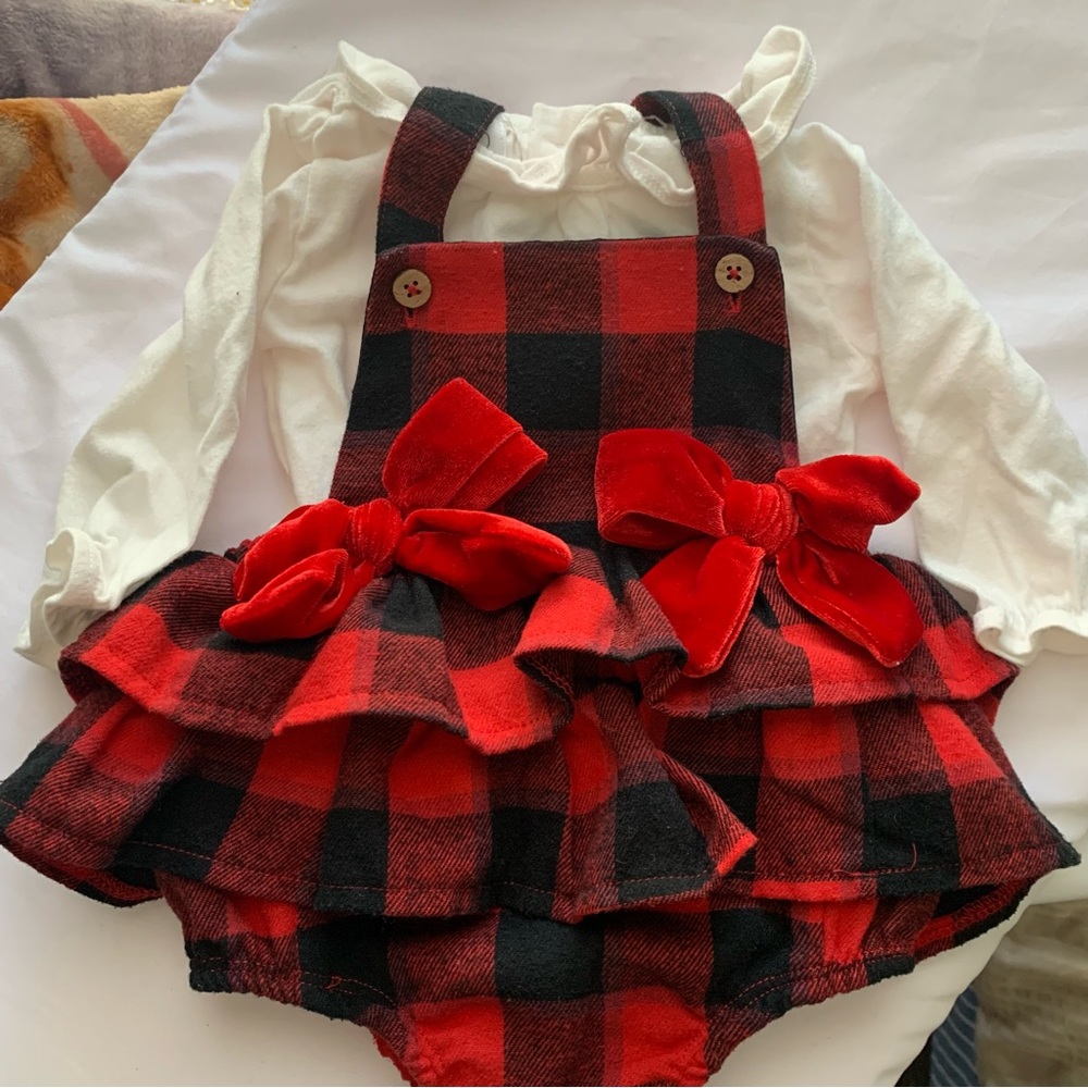 MUDPIE| Red buffalo check pinafore set